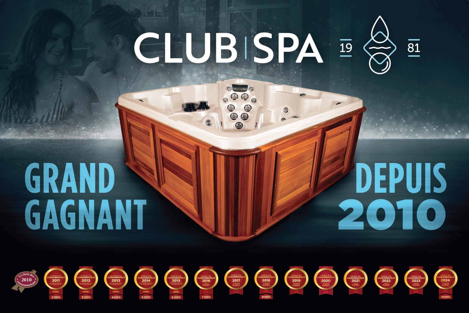 Affiche Club Spa « Grand gagnant depuis 2010 » avec les quatorze médailles Choix du Consommateur de 2010 à 2024