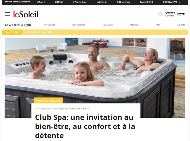 Capture de l'article du Soleil du 11 mai 2018 sur Club Spa, une famille dans un spa